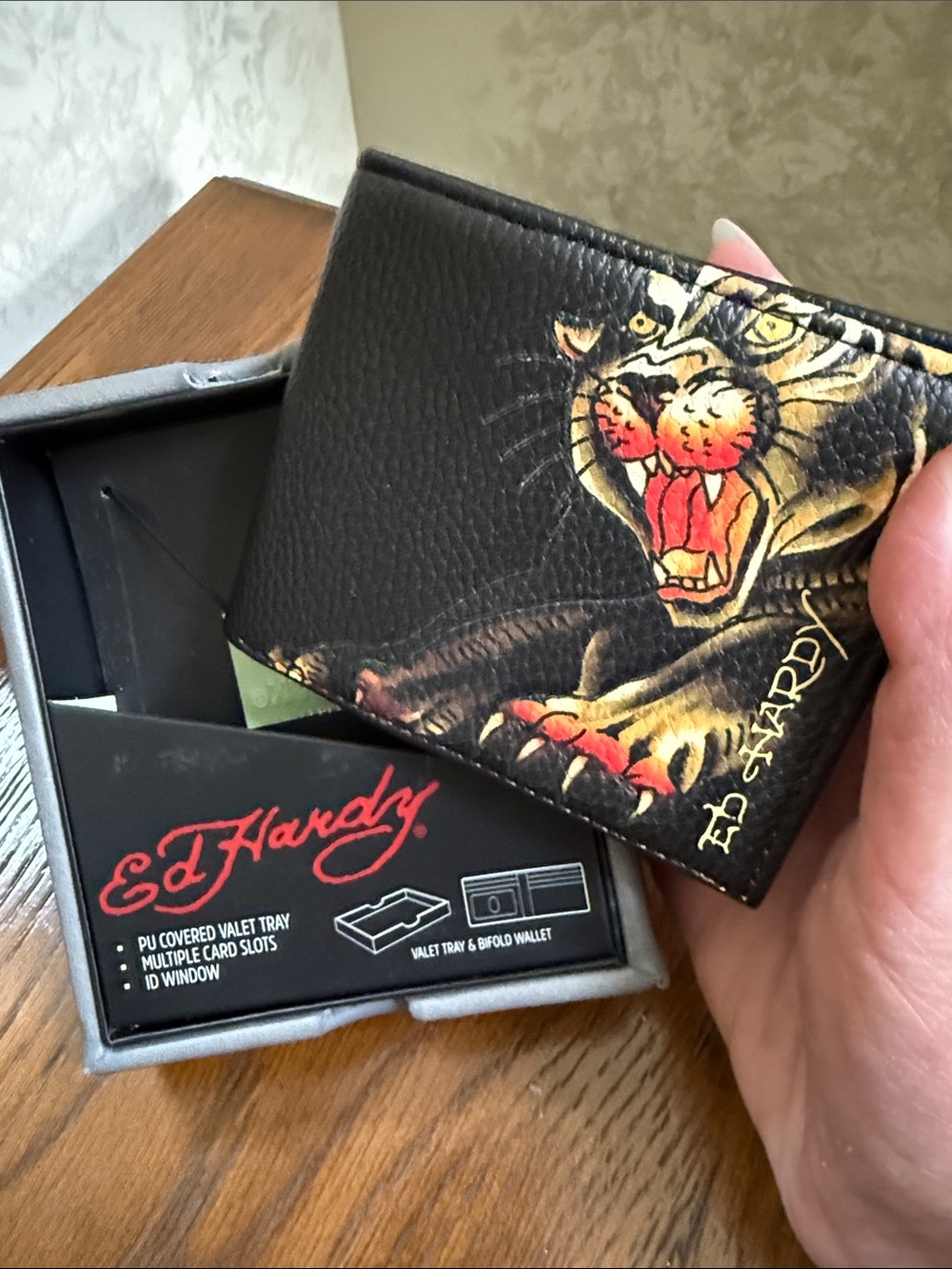 Ed Hardy Black Wallet with Fierce Tiger Artwork. Multiple card slots. ID window.